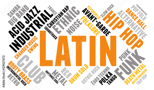 Latin. Word cloud, type font, white background. Musical styles.