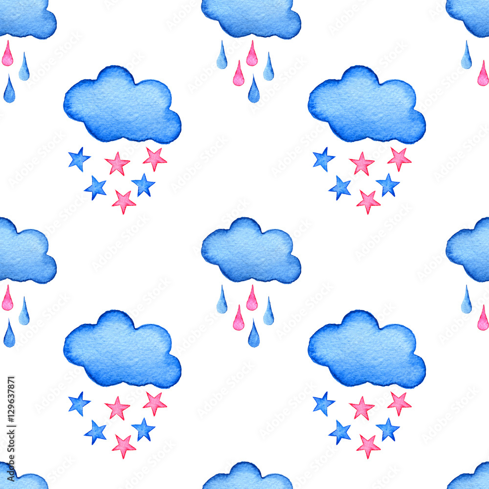 Blue watercolor clouds and stars background. Hand painted cloud isolated on white.