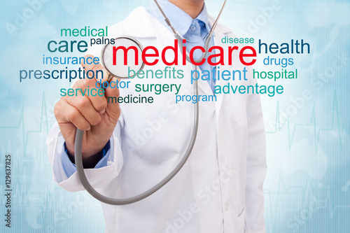 Doctor with medicare word cloud. medical concept