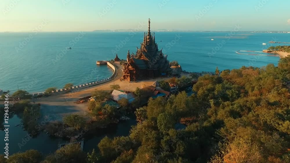 Aerial: Ancient temple Sanctuary of Truth in Pattaya. Aerial: Ancient temple Sanctuary of Truth in Pattaya.