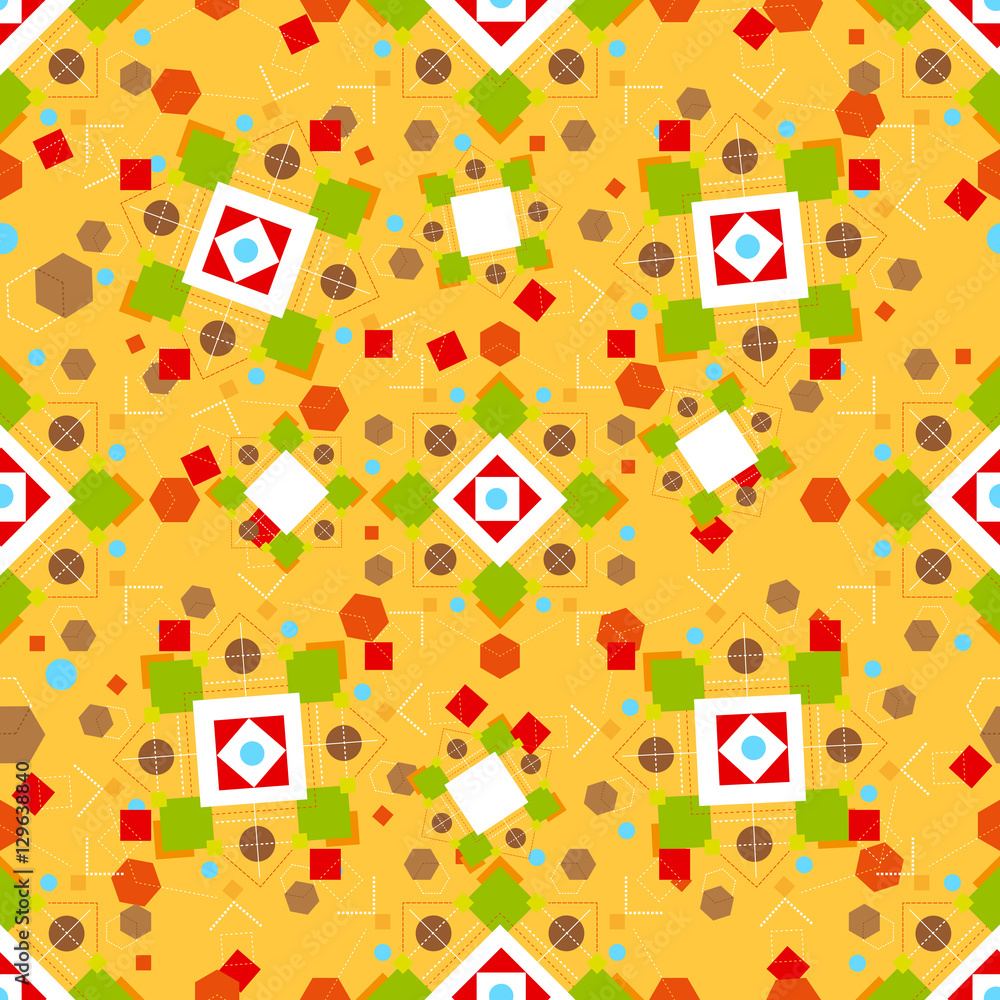 Geometric abstract seamless pattern on yellow background. Vector illustration