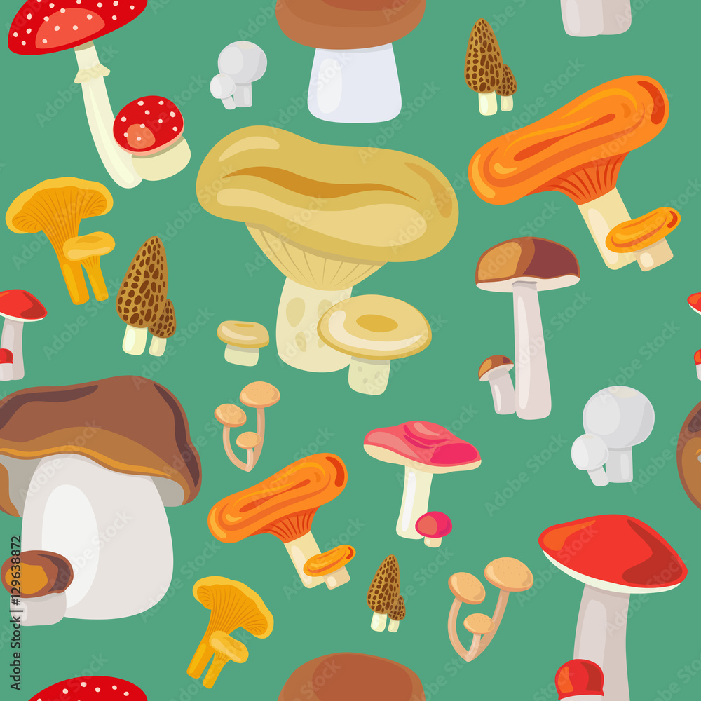 Vector illustration mushroom seamless pattern on green background Vector illustration mushroom seamless pattern on green background