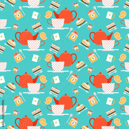 Vector illustration tea time seamless pattern with tea pot and cups and sweets