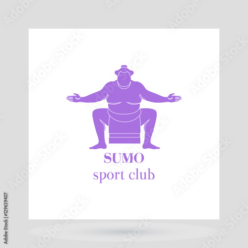 Sumo fight club logo design presentation with violet silhouette of man. Vector illustration