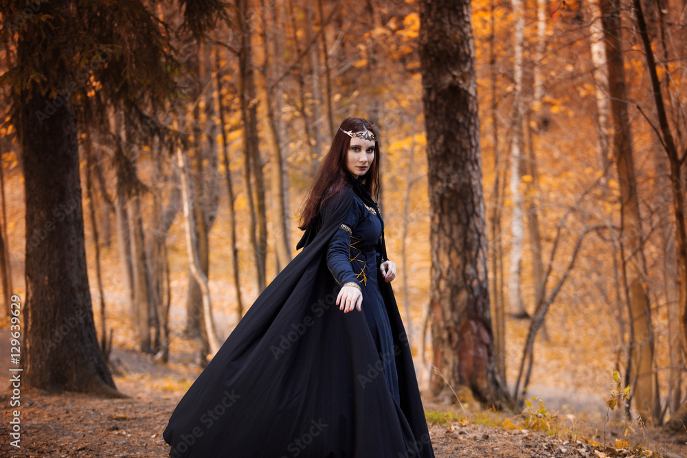 Young beautiful and mysterious woman in woods, in black cloak with hood, image of forest elf or witch Young beautiful and mysterious woman in woods, in black cloak with hood, image of forest elf or witch