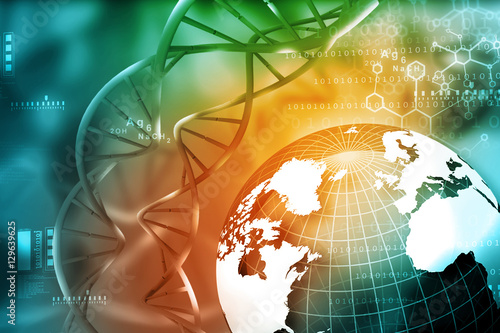 Tablou pe pânză DNA molecules with earth on biochemistry concept background