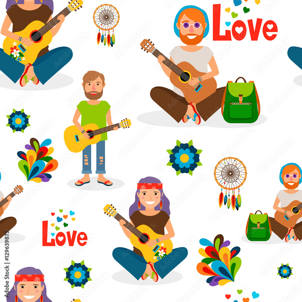 Naklejka premium Hippie people with guitar seamless pattern. Vector illustration