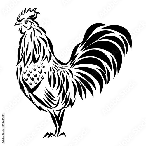 Vector illustration with black rooster silhouette isolated on white.