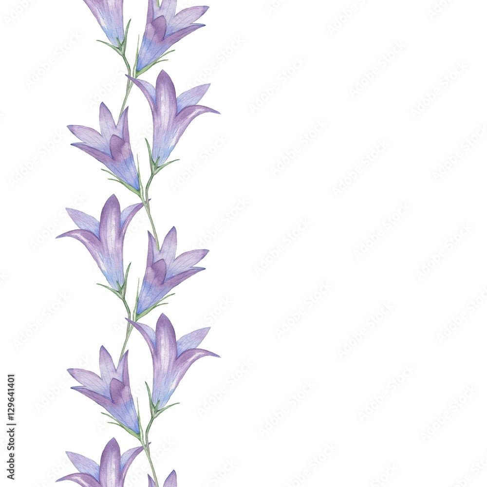 Seamless floral border flower-bells 2. Watercolor painting. Hand-drawing