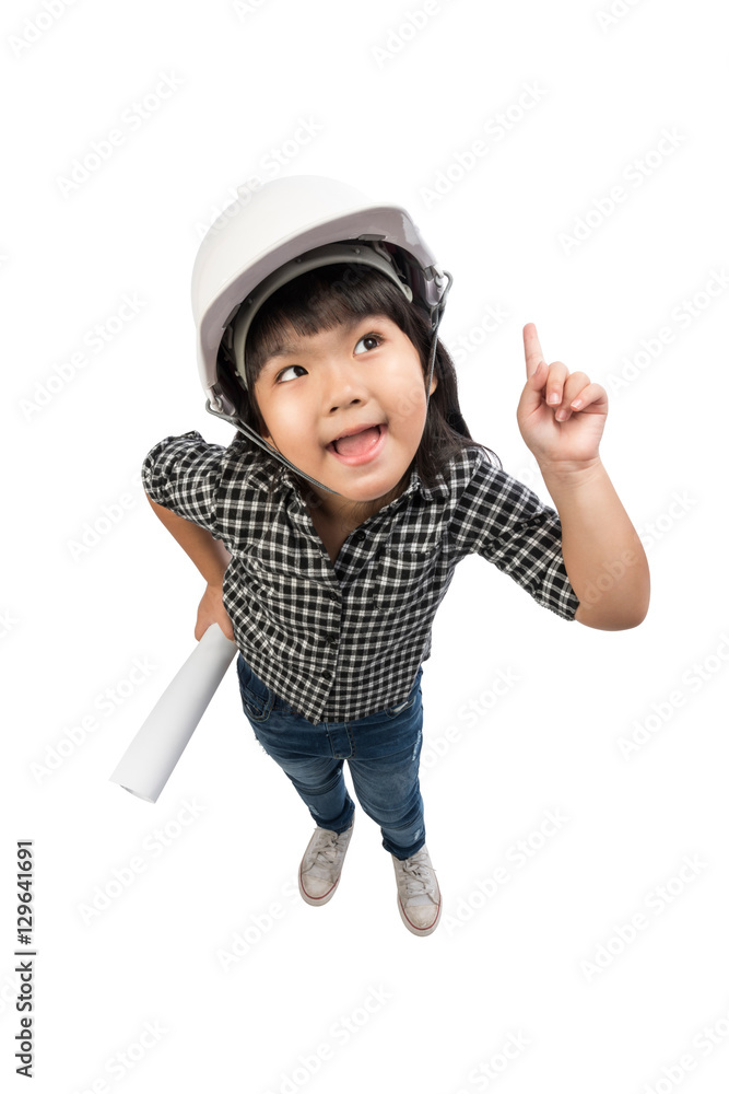 Engineer, Little girl in the construction helmet with a poster, Isolated with clipping path. Engineer, Little girl in the construction helmet with a poster, Isolated with clipping path.