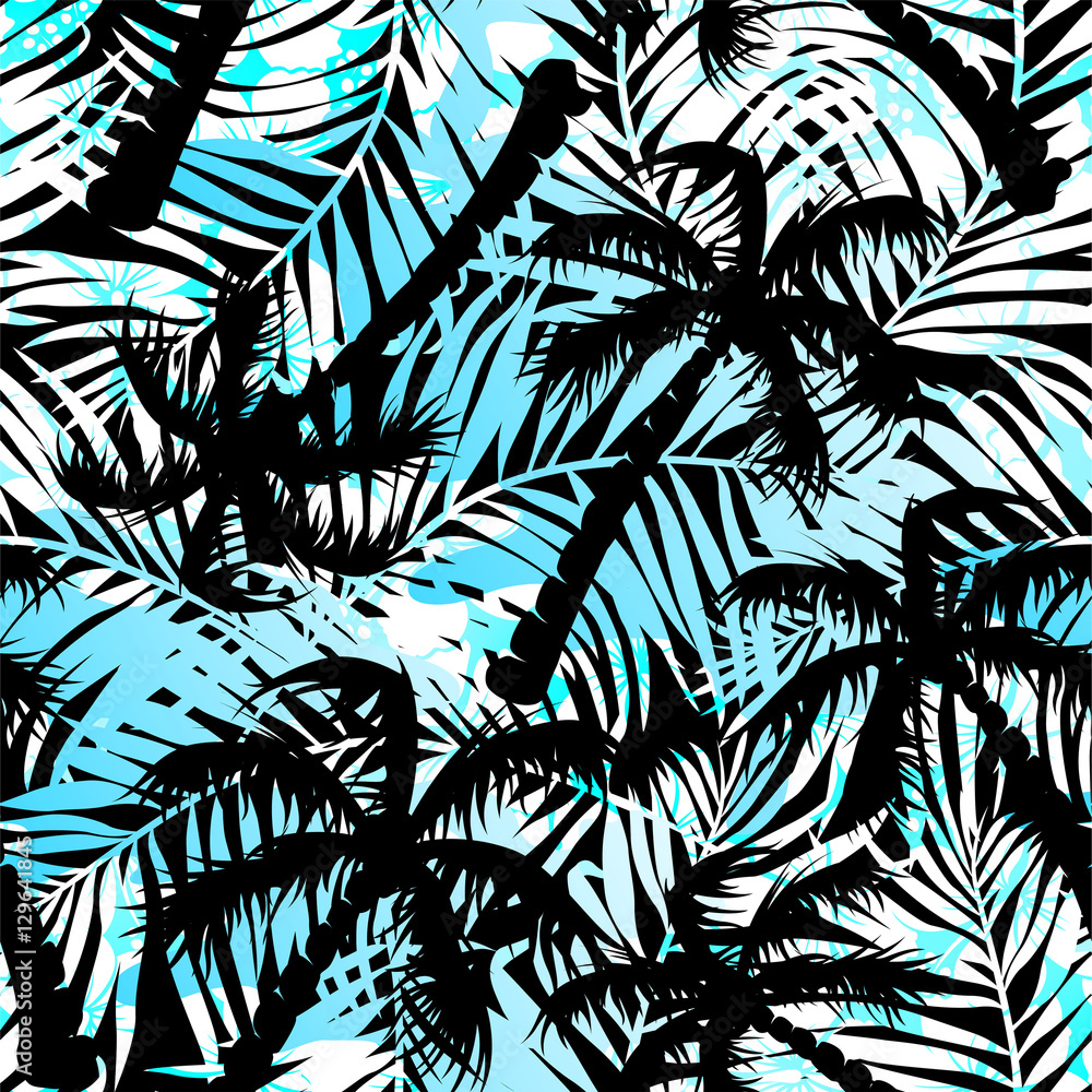 Naklejka premium Tropical blue and black palms seamless pattern