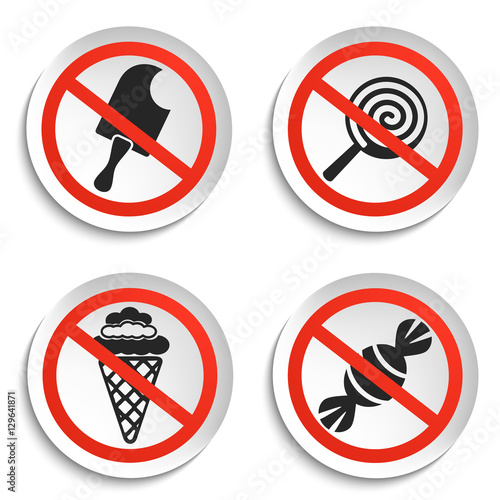 No food and Ice Cream Prohibition Signs on White Round Plate. No Ice Cream Vector Illustration isolated on white background