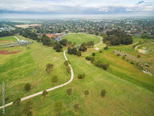 Aerial view of sports oval at Bcentennial Park in Chelsea, Melbourne, Australia