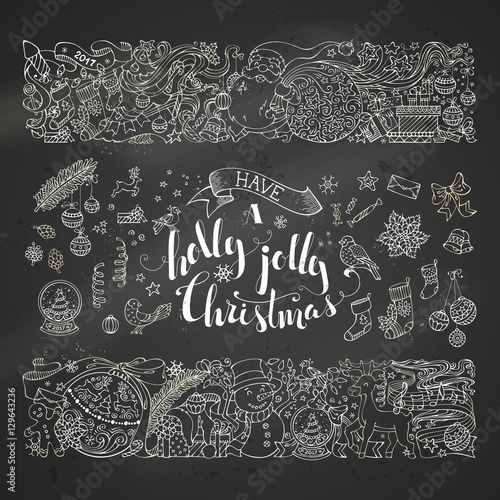 Chalk Merry Christmas decorations and design elements on blackboard background.