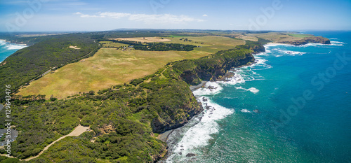 Aerial view of Cape Schanck Coastline on bright summer day. Mornington Peninsula, Victoria, Australia