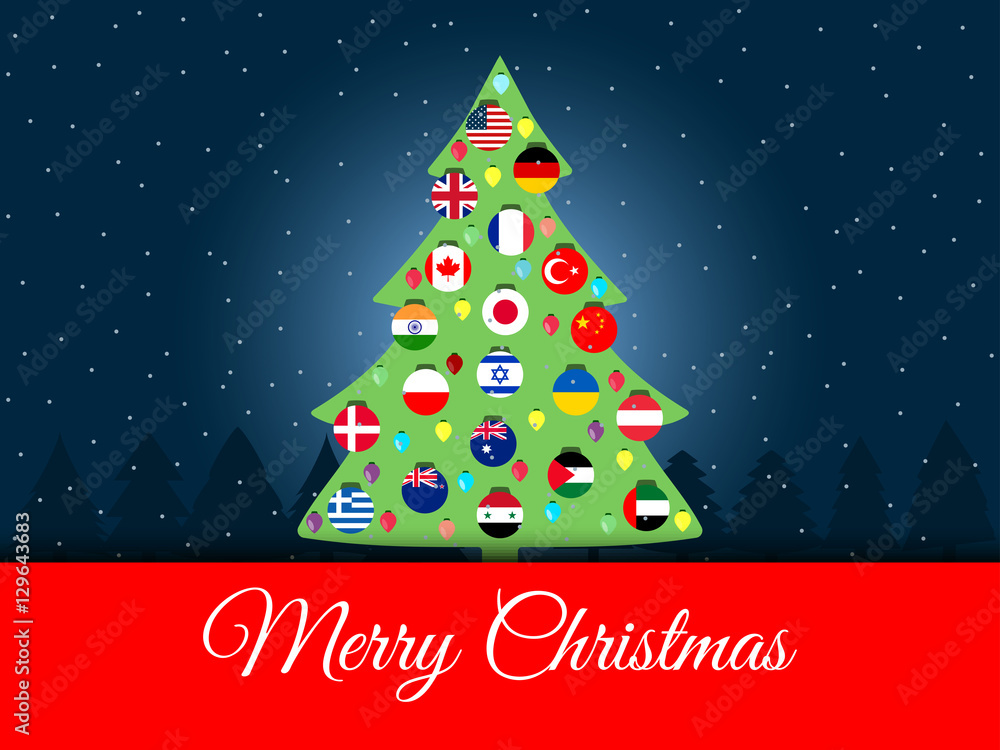 Christmas background. International Christmas tree. flags of the world. Vector illustration. Christmas background. International Christmas tree. flags of the world. Vector illustration.