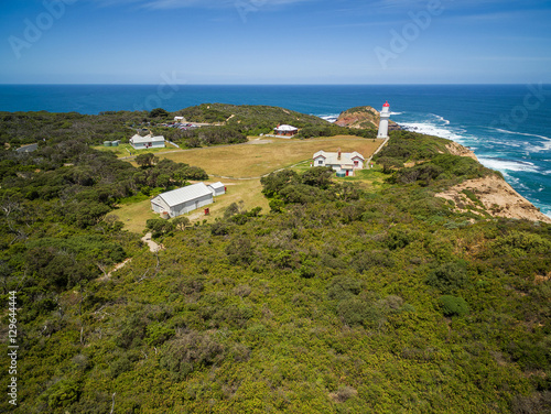 Aerial view of Cape Schanck Lighthose and museum. Mornington Peninsula, Victoria, Australia