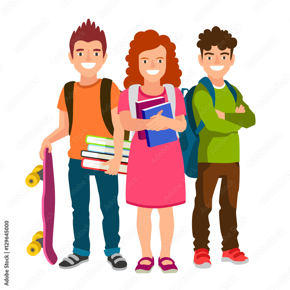 Students with backpacks, books and skateboard Students with backpacks, books and skateboard