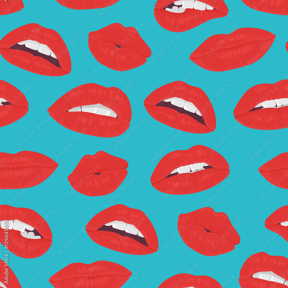 Vintage red lips kiss seamless pattern on the blue background. Passion