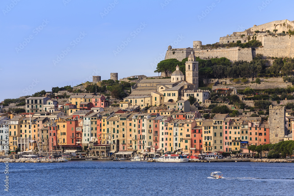 Portovenere (Porto Venere), harbourfront houses, church and castle, Ligurian Riviera, Liguria Portovenere (Porto Venere), harbourfront houses, church and castle, Ligurian Riviera, Liguria