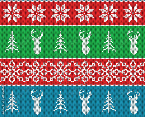 Scandinavian christmas winter seamless knitted pattern. Head deer silhouette or reindeer, snowflake and christmas tree. White pixel images with blue, green and red background. Vector illustration.