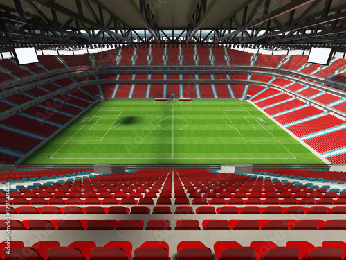 3D render of a large capacity Stadium with an open roof and red seats