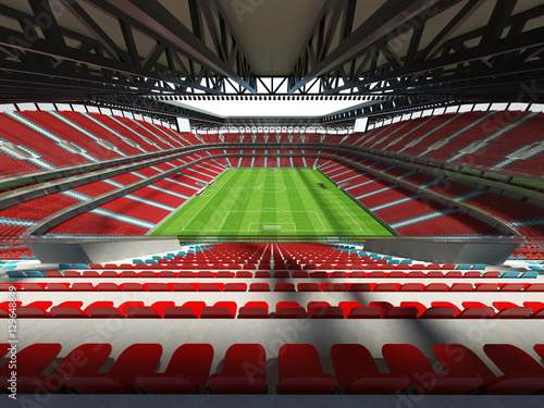 3D render of a large capacity Stadium with an open roof and red seats