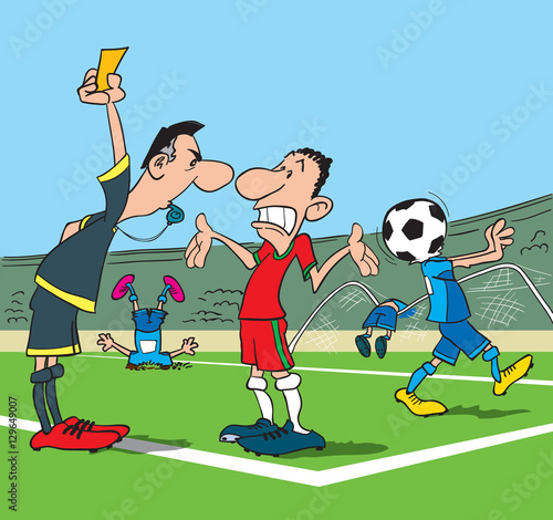Football referee makes a remark to the player who has broken the rules. Cartoon vector illustration