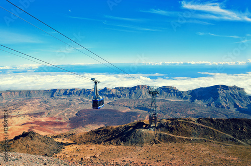 Cableway on the volcano Teide. Touristic way to Pico del Teide mountain. El Teide National park, landmark on Tenerife, Canary Islands, Spain.