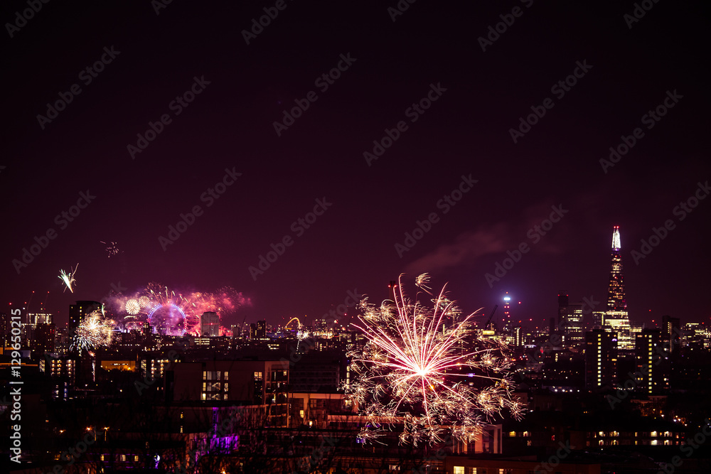 Beautiful fireworks above London. New Years Eve, view from Greenwich Point Hill 