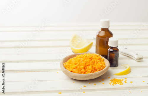 salt, cosmetic oil, ginger and lemon for preparing cosmetics at