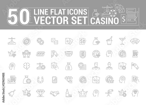 Vector graphic set of icons in flat  contour  thin and linear design. Slot machine  casino  poker. Gambling. Concept infographic for Web site and app. Online card game.