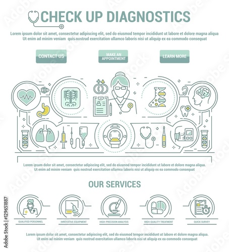 Vector graphic set. Line, contour, thin, flat design. Clinic, medical, center, check up, hospital. Diagnosis, disease, complex treatment body. Template, top internet web site main page. Health care.
