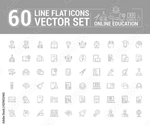Vector graphics set. Online education. Distance learning. Internet training student. Concept home schooling in inear, contour, thin, flat, design. Element, emblem, symbol, icon, sign, for web site.
