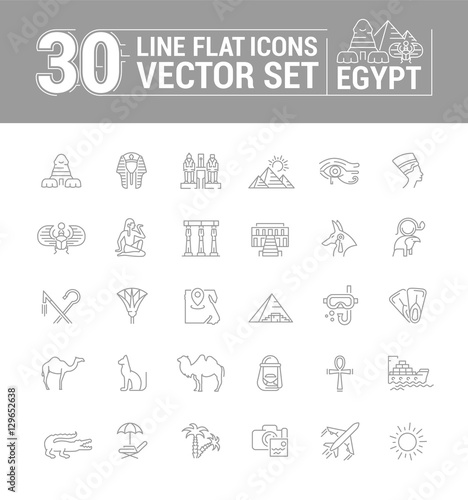 Vector graphics set. Linear, contour, thin, flat, design. Concept silhouette, Egypt. Travel to Egypt. Element, emblem, symbol, icon, sign, for web site, app, business.
