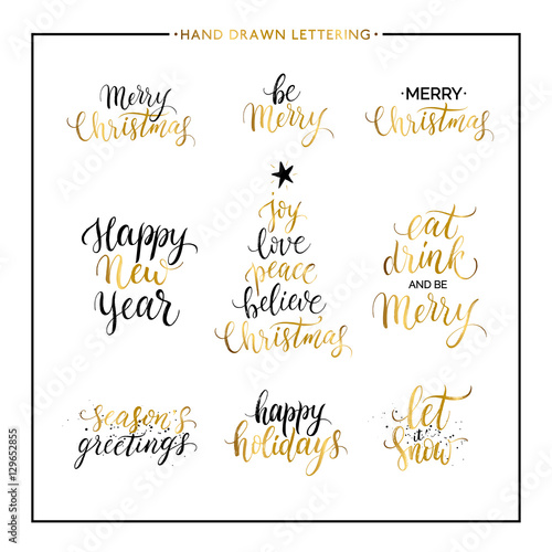 Christmas and New Year phrases and quotes - Merry Christmas, happy holidays, seasons greetings, let it snow, handwritten vector gold xmas lettering for greeting card, poster, invitation, banner, print