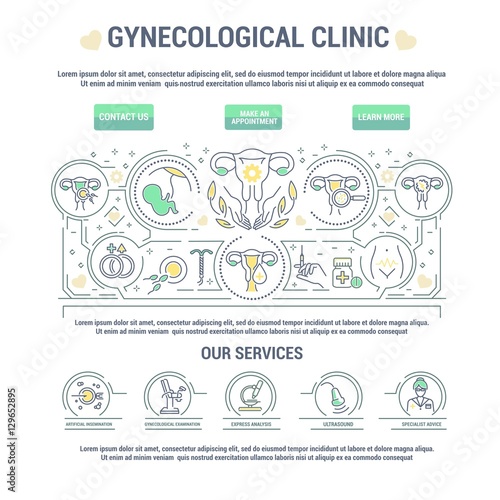 Vector graphic set. Line, countour, thin, flat design. Clinic, medical, center, gynecology hospital. Treatment of female genital disorder. Template for top internet web site main page. Health care.