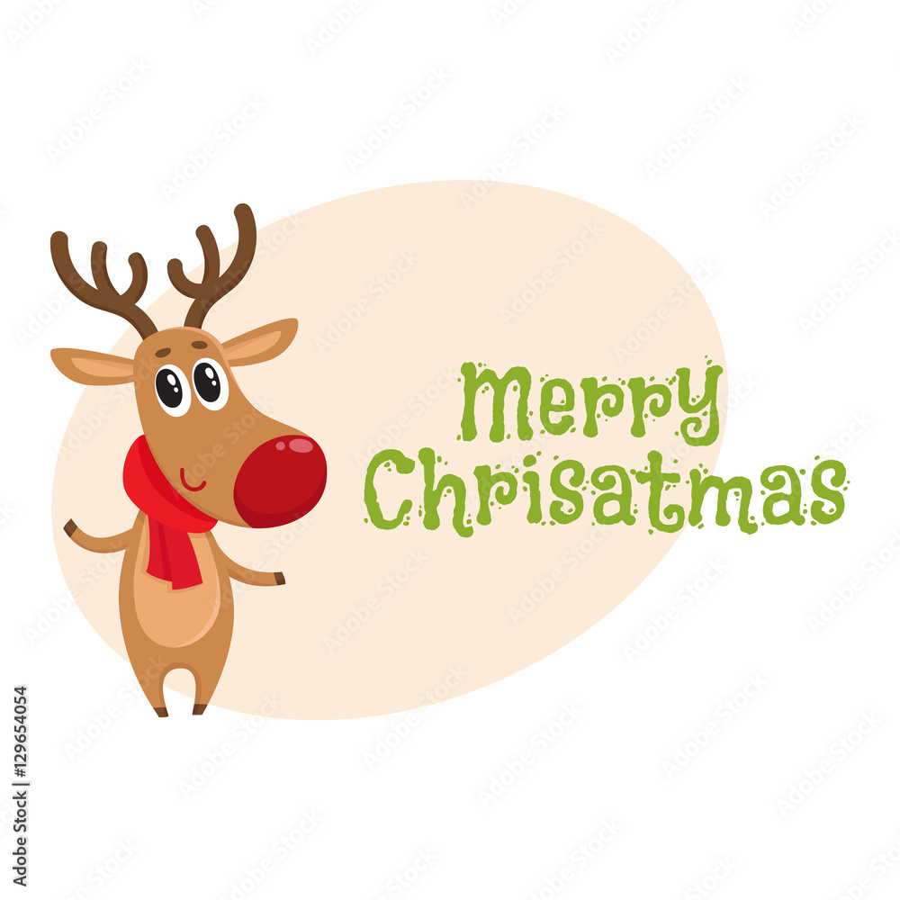 Merry Christmas greeting card template with cute and funny reindeer in red hat and scarf, cartoon vector illustration. Christmas poster, banner, postcard, greeting card design with a deer