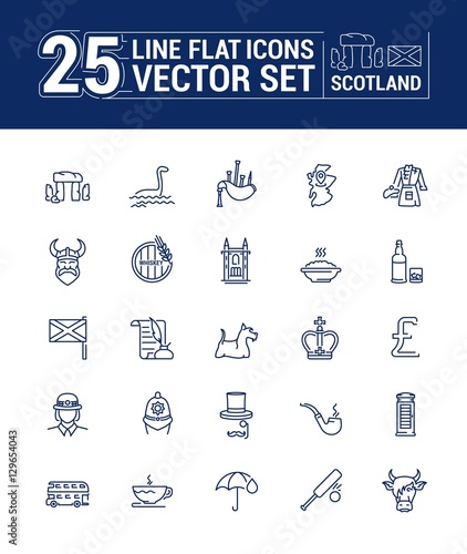 Vector graphics set in lines and flat design. Element, sign, emblem and symbol of Scotland. The concept of linear icons for web site and application.