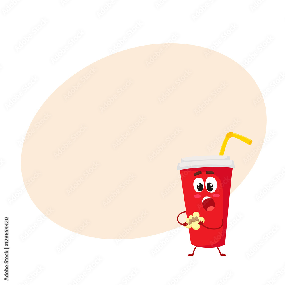 Funny soft drink paper cup character eating a cookie, cartoon style ...