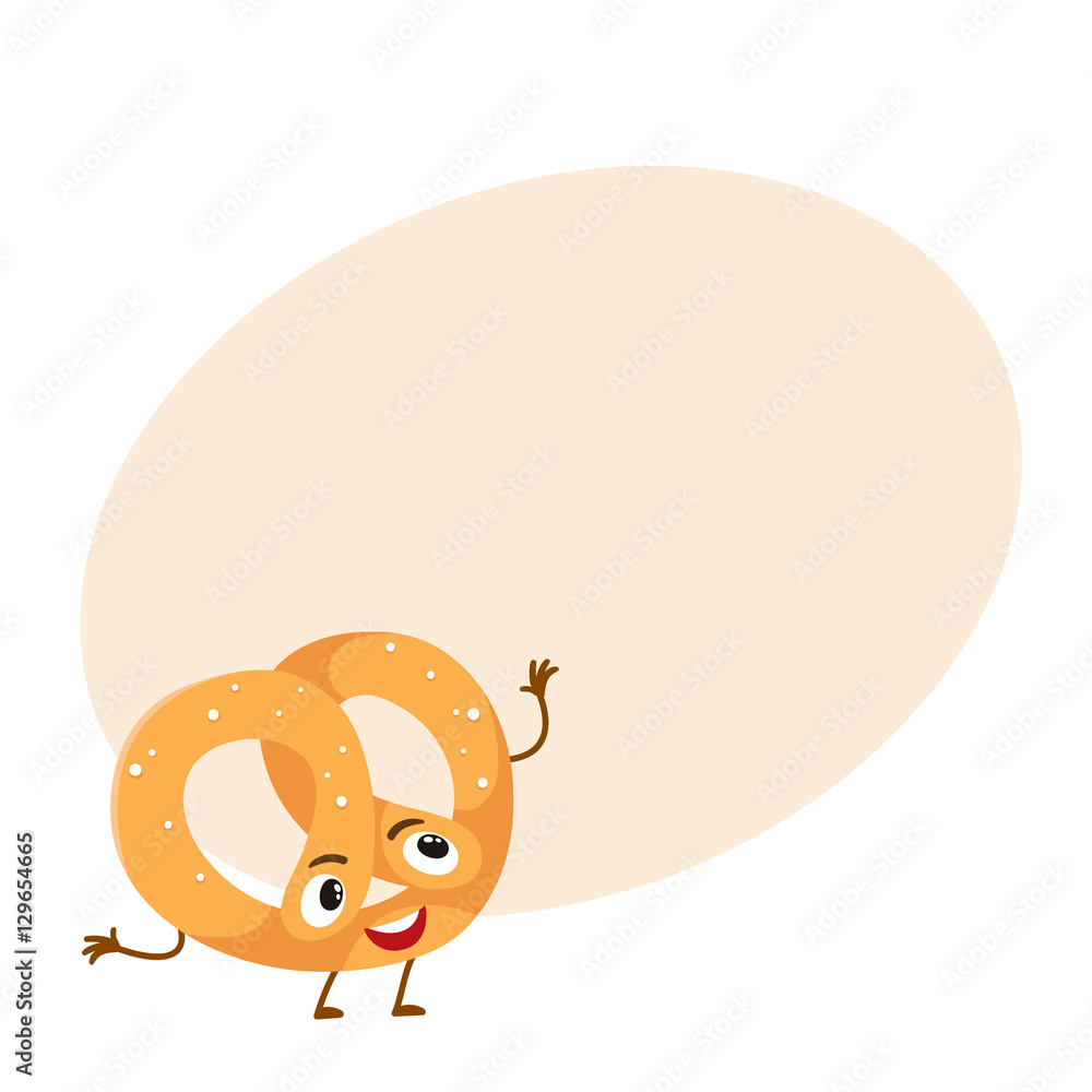 Funny freshly baked pretzel character, cartoon style vector ...