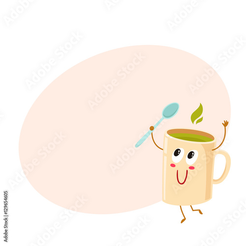 Funny green tea mug character holding a spoon, cartoon vector illustration on pink background with place for text. Cute green tea ceramic, porcelain mug character with eyes, legs, and a wide smile