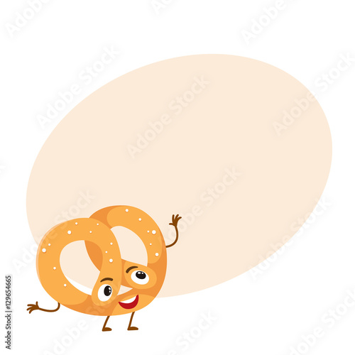 Funny freshly baked pretzel character, cartoon style vector illustration isolated on background with place for text. Cute pretzel character with eyes, legs, and a wide smile
