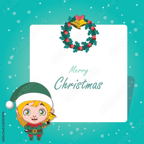 Christmas greeting card with elf holding a bell