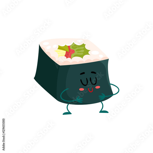 Japanese nori, seaweed roll character, cartoon vector illustration isolated on white background. Cute and funny smiling seaweed, nori roll filled with fish and vegetables, asian cuisine