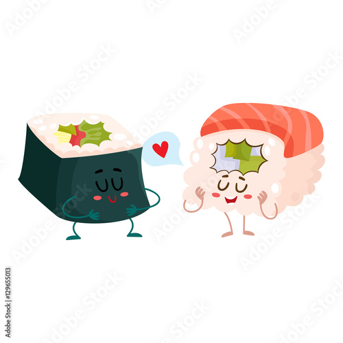 Japanese salmon, tuna sushi and nori, seaweed roll characters, cartoon vector illustration isolated on white background. Cute and funny smiling salmon, tuna and nori sushi, sashimi, roll characters
