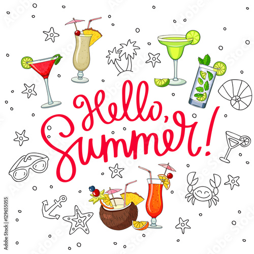 Hello Summer surrounded from different cocktails and summer icon