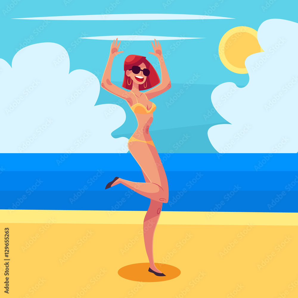 Young slim woman with short red hair in bikini dancing, cartoon style vector illustration isolated on white background. Young and beautiful red haired girl dancing at a beach party in bikini