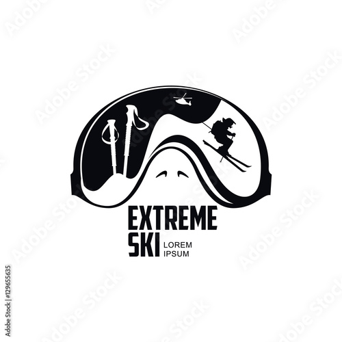 Black and white graphic mountain skiing goggles logo, vector illustration on white background. Mounting skiing logo design with skis, mountains and helicopter reflected in goggles, mask, glasses
