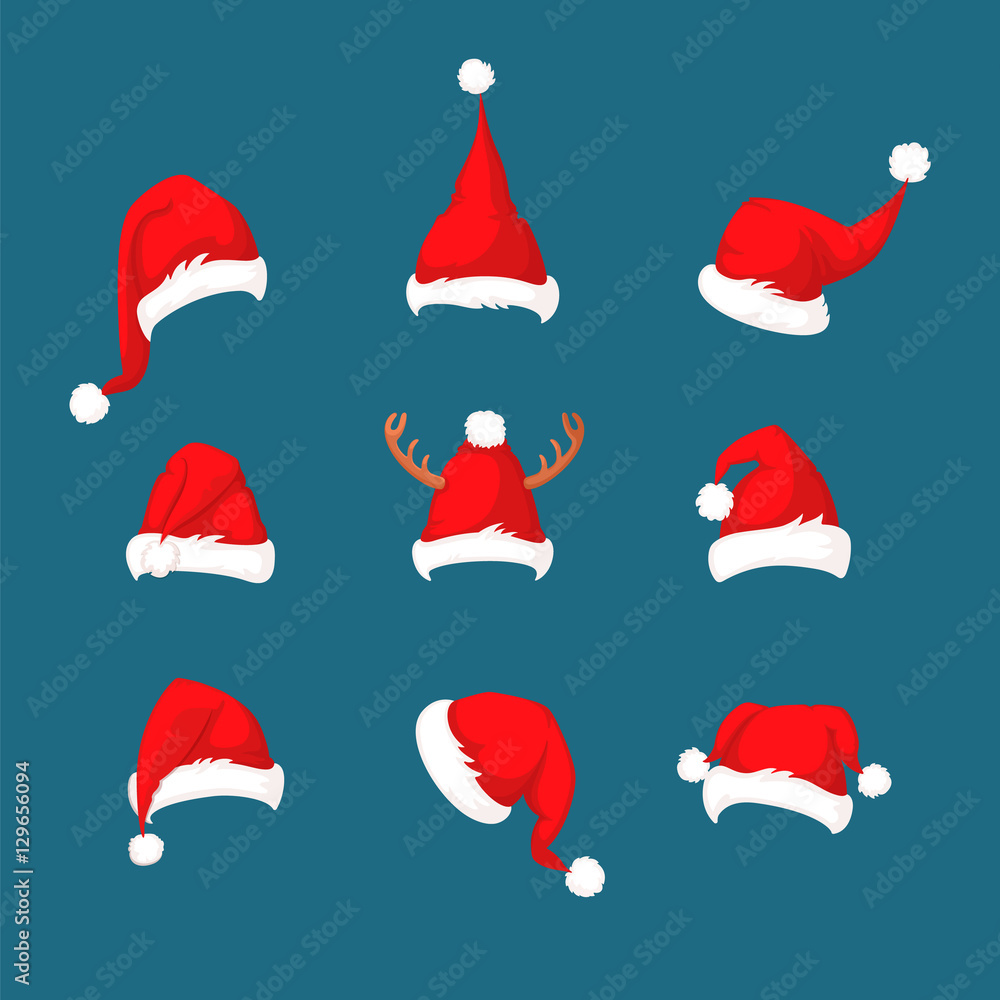 Santa Claus red hat collection isolated on blue background. Set of Santa red hats vector illustration. Happy New Year traditional symbol. Merry Christmas holiday clothes element Santa Claus red hat collection isolated on blue background. Set of Santa red hats vector illustration. Happy New Year traditional symbol. Merry Christmas holiday clothes element